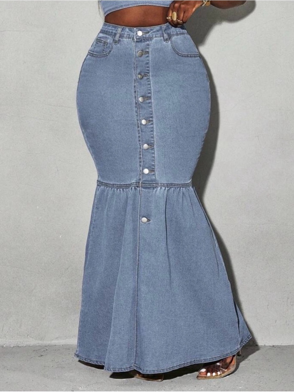 SHEIN Light Blue High-Waist Button Front Denim Mermaid Skirt - Picture 2 of 3
